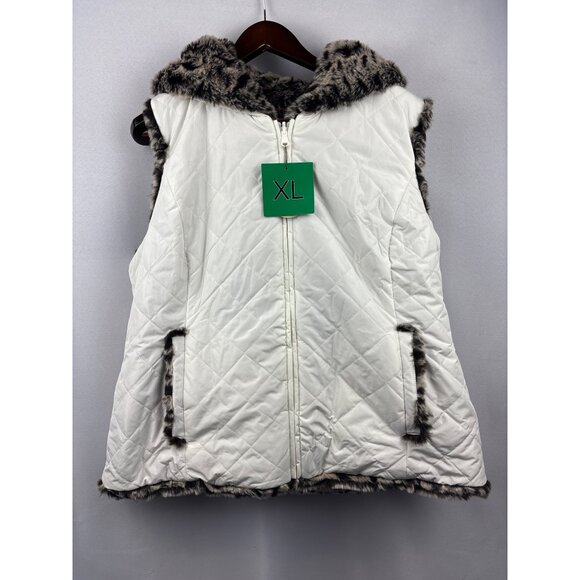 Women’s Kristen Blake XL Reversible Vest White Puffer and Leopard aprons Faux Fu - Picture 4 of 6